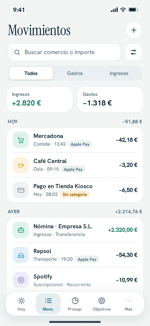 Pantalla de movimientos de Kuentia
